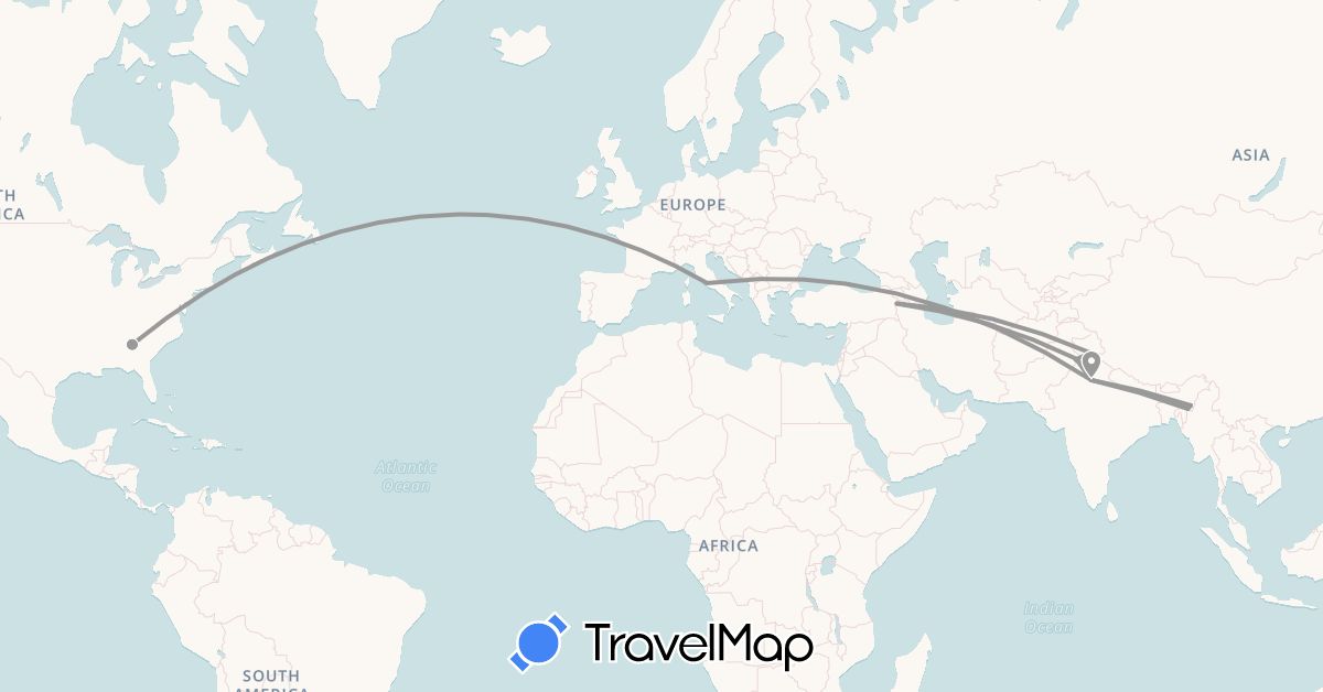 TravelMap itinerary: driving, plane in India, Iran, Italy, Pakistan, United States (Asia, Europe, North America)